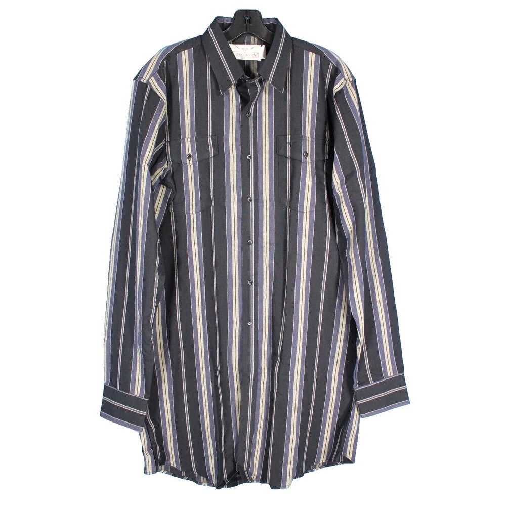 VTG LONGHORN Black/Blue STRIPES Pockets WESTERN COWBOY Button-Up SHIRT 16.5x37